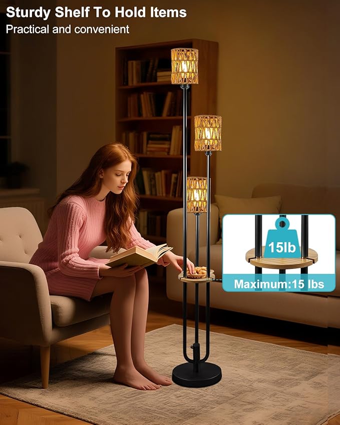 63IN Dimmable Floor Lamp with Shelf, Black Rattan Tall Standing Lamps Candle Holder Style, 3000K Warmwhite Mid Century Modern Floor Lamp for Living Room (Bulbs Included)