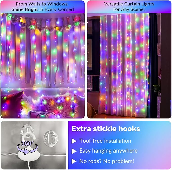 HXWEIYE 300LED Fairy Curtain Lights, 9.8x9.8Ft Multicolor USB Plug in 8 Modes Timer Christmas String Hanging Lights with Remote for Bedroom Backdrop Wedding Party Home Wall Garden Outdoor Indoor Decor