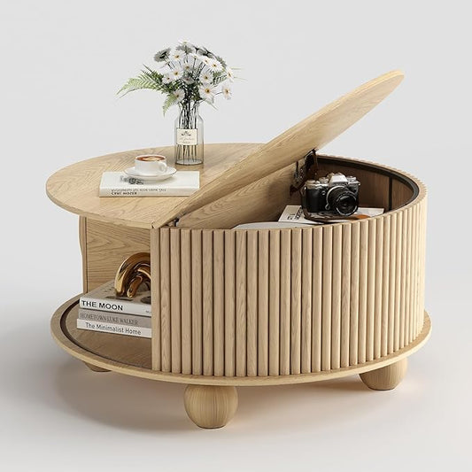 Round Coffee Table with Storage,31.5" Modern Coffee Table with Sliding Tambour Door & Bun Feet,Fluted Center Table for Living Room, Small Space,Oak