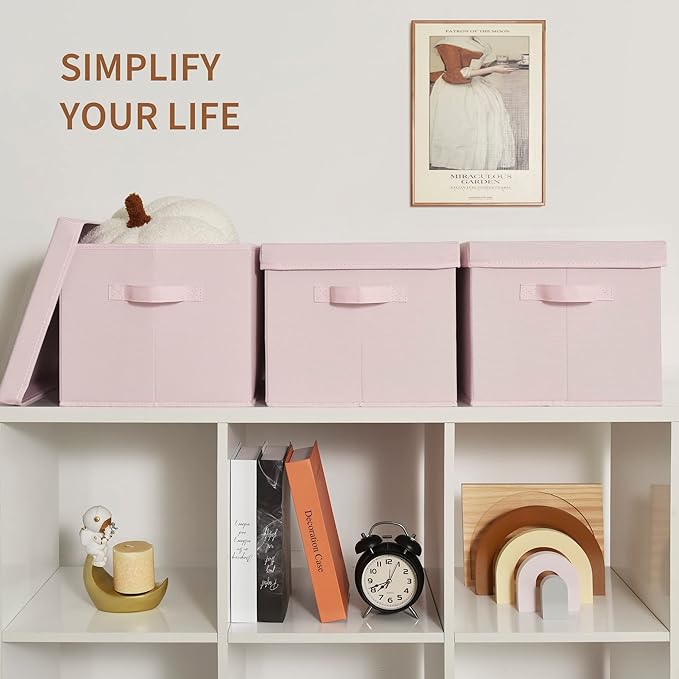 GRANNY SAYS Storage Bins Fabric, Large Storage Bins with Lids, Collapsible Storage Box Closet Shelf, Decorative Storage Baskets for Organizing Bedroom Dorm Nursery, Pink, 3-Pack