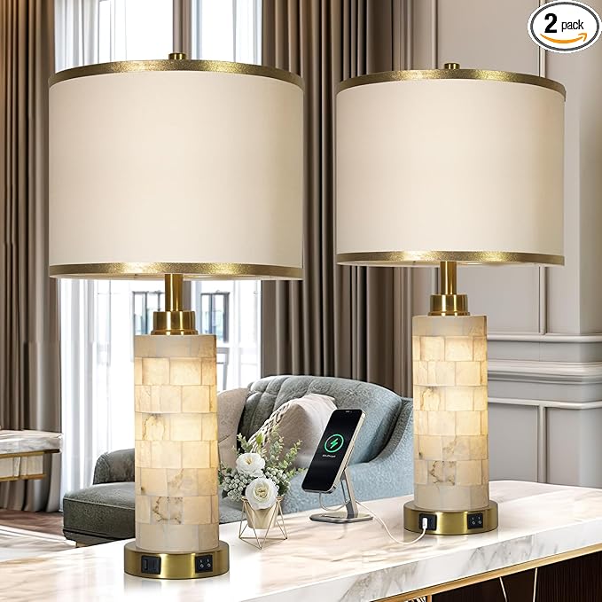 27" Natural Alabaster Table Lamps Set of 2, Lamps for Living Room Bedroom,Bedside Lamps with Night Light,Nightstand Lamp with USB A+C Ports,Modern Table Lamp with Linen Shade (Bulbs Included)