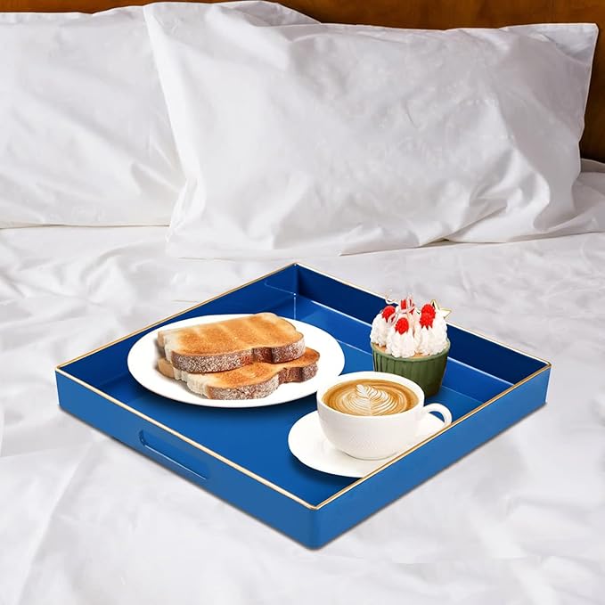 MAONAME Decorative Tray, Royal Blue Serving Tray with Handles, Coffee Table Trays, Square Plastic Trays for Ottoman, Bathroom, Kitchen, 13"x13"x1.57"