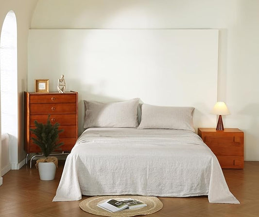 100% French Flax Linen Sheet Set, Bed Sheets Breathable and Durable, 4 Pcs Set - 1 Flat Sheet, 1 Fitted Sheet, 2 Pillowcases, 16 Inch Deep Pocket, All Season (Natural Linen, Queen)