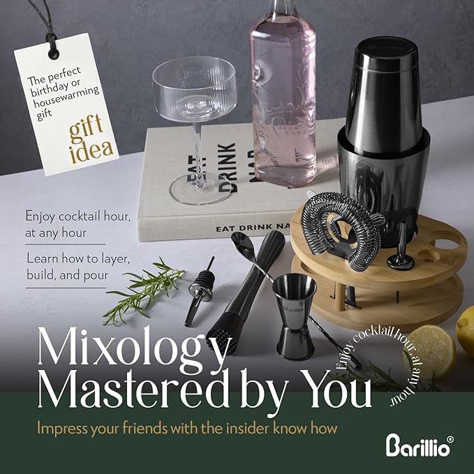 Barillio Black Mixology Bartender Kit with Stand - Cocktail Shaker Set with Bamboo Stand, Boston Drink Shaker, Mojito Muddler, and Drink Mixer Spoon - 9-Piece Bar Tools Set - Bar Accessories for Home
