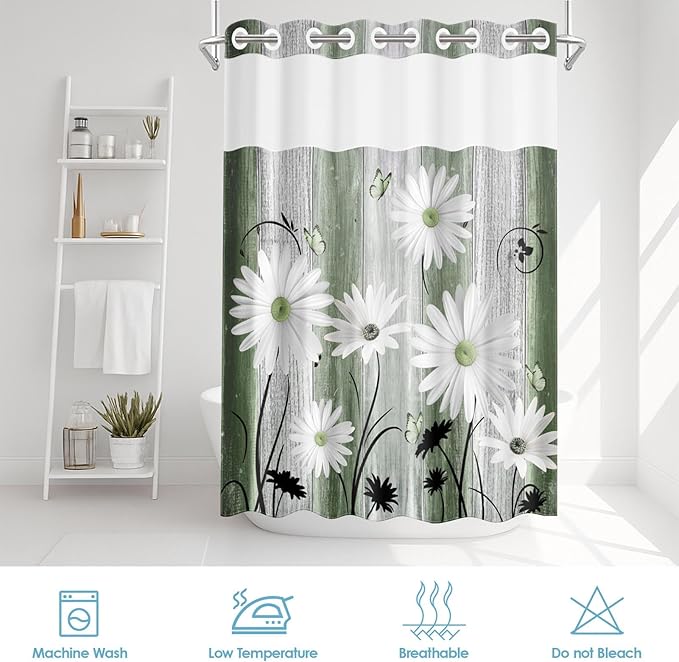 No Hook Green Daisy and Butterfly Shower Curtain with Snap in Fabric Liner Set, Rustic Farmhouse Double Layers Waterproof Fabric with See Through Top Window Open Grommet Bath Curtain 71x74 Inch