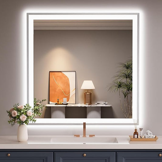 36x36 Silver LED Bathroom Mirror, Brushed Nickel Lighted Mirror for Wall, Stepless Dimmable Led Vanity Mirror with Front-lit and Backlit, Tempered Glass, Anti-Fog, Memory