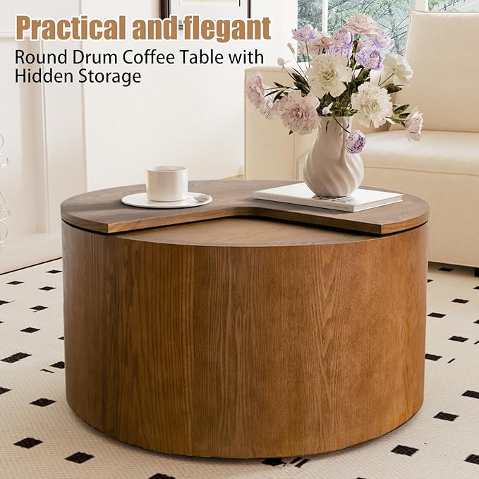 Mid - Century Modern Round Drum Coffee Table with 360° Rotating Desktop & Storage, 27.16" Walnut Small Center Table for Living Room & Home Small Spaces (Brown 27.16)
