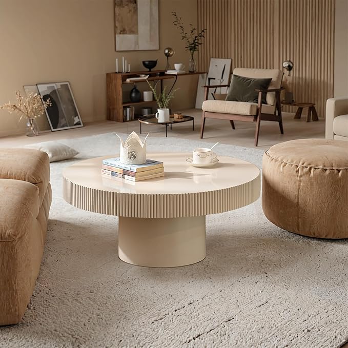 Modern Wood Coffee Table - Handcraft Drum Coffee Tables with Sturdy Base, Easy Assembly, Contemporary Style Small Coffee Table Tea Table for Living Room, Bedroom, Office (White Thin)