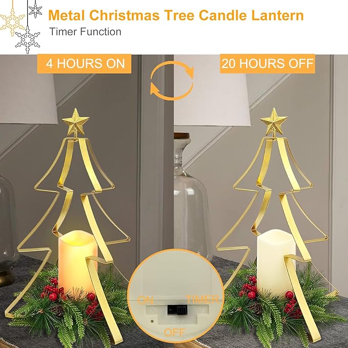Christmas Table Centerpiece Decorations, Metal Christmas Tree Candle Holder with Battery Operated Candle Light Artificial Red Berries Pinecones Xmas Decor for Home Farmhouse Party