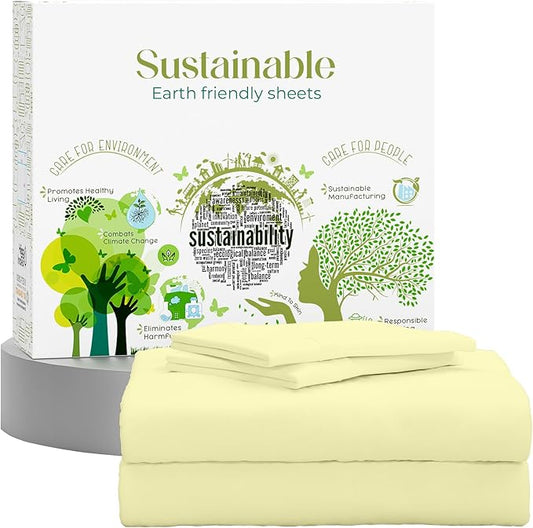 SUPREME ELEGANCE King Size Sheets Set –Natural 100% Cotton Percale Sheets King Bed Set, Oeko-tex Made in Green Sustainable, Breathable Cooling Deep Pocket Sheet, Crisp Luxury Bedding, Light Yellow