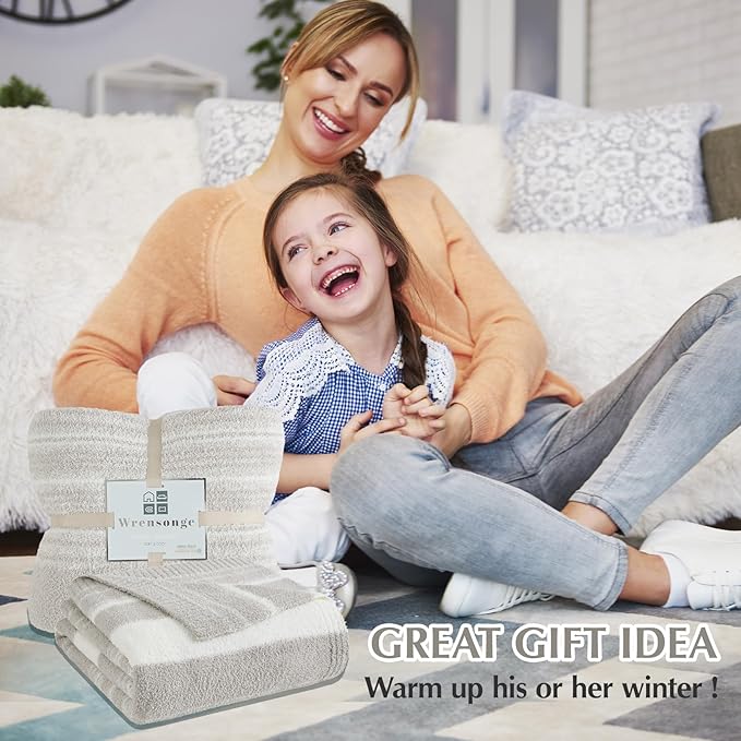 WRENGONGE Taupe Throw Blanket, 50x70 Soft Cozy Striped Throw Blankets for Couch, Sofa, Bed, Travel, Lightweight Fluffy Warm Plush Decorative Blankets for Women, Men,Kids Gift