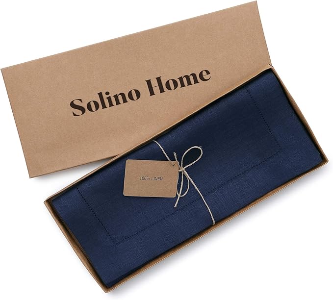 Solino Home Linen Navy Blue Table Runner 60 Inches - Classic Hemstitch, 100% Pure Linen Coffee Table Runner 14 x 60 Inch Ideal for Dresser Tables - Fall, Autumn, Halloween, Thanksgiving, Christmas