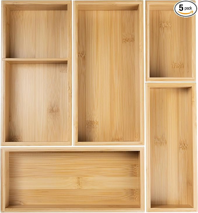 Bamboo Drawer Organizer Set, 5-PCS Adjustable Kitchen & Office Drawer Organizers, Multipurpose Storage Trays for Utensils, Makeup, Jewelry, Bathroom & Desk Accessories