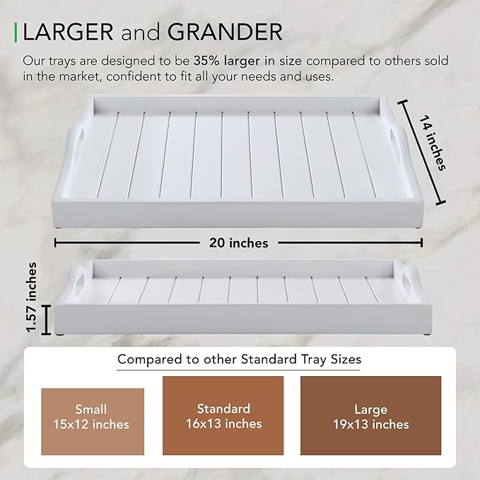 Large Wooden Serving Tray with Handles 20 x 14 inch Decorative Coffee Table Ottoman Tray for Living Room Extra Large for Kitchen Dinner Food Bar Breakfast in Bed (Color White)