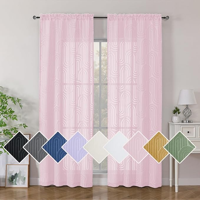 Simplebrand Blush Pink Semi Sheer Curtains 84 Inches Long 2 Panels, Soft Airy Light Filtering Jacquard Clip Textured Semi Sheer Curtains for Bedroom, Modern Elegant Rod Pocket Window Panels, 42"Wx84"L