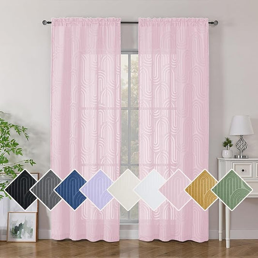 Simplebrand Blush Pink Semi Sheer Curtains 84 Inches Long 2 Panels, Soft Airy Light Filtering Jacquard Clip Textured Semi Sheer Curtains for Bedroom, Modern Elegant Rod Pocket Window Panels, 42"Wx84"L