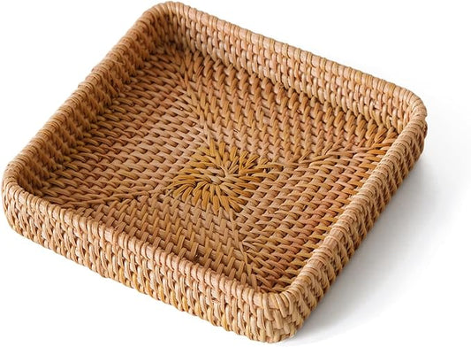 Rattan Serving Tray, Square Woven Storage Basket, Wicker Baskets for Organizing, Natural Wicker Decorative Serving Baskets for Organizing Tabletop Bathroom Kitchen Counter Square