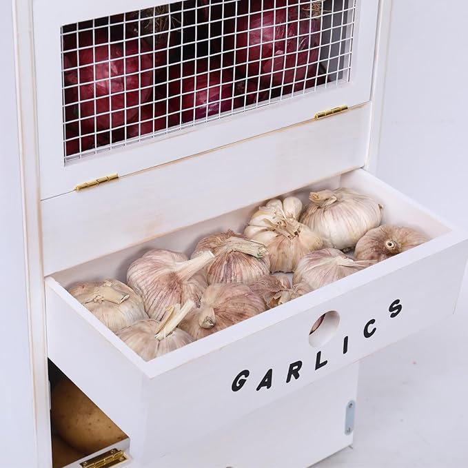 ARTAWEIN Pine Wood Veggie Bin for Potato, Onion and 1 Garlic Drawer Vegetable Box for Kitchen Storage, Solid Wood Vegetable Bin 13.77" L X 7.1" W X 29.3" H (Rustic White)