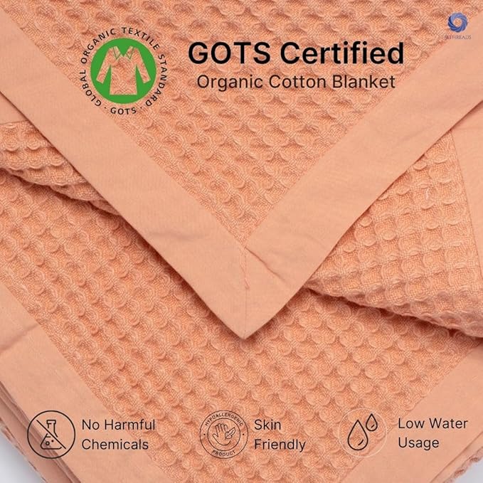 GOTS Certified Organic Cotton Waffle Weave Cozy Throw Blanket, 50"X60", Modern Home Decor, Soft Bed Blanket - Sun Bay