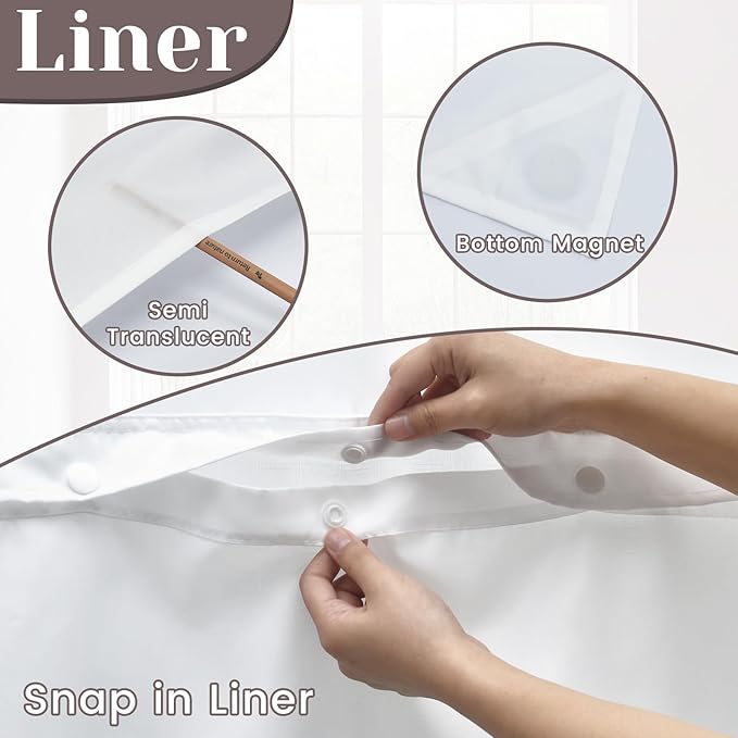 No Hook Slub Textured Shower Curtain with Snap in Liner - White Fabric Outer Curtain & Waterproof Inner Liner, Hotel Style with See Through Top Window, 71x74 in