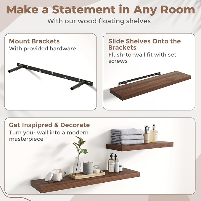 Floating Shelves for Wall with Invisible Brackets, Wall Mounted Engineered Wood Shelves with Wood Grain for Living Room, Bedroom, Bathroom, Kitchen Decor and Storage, Oak, 36"L Set of 2, Walnut