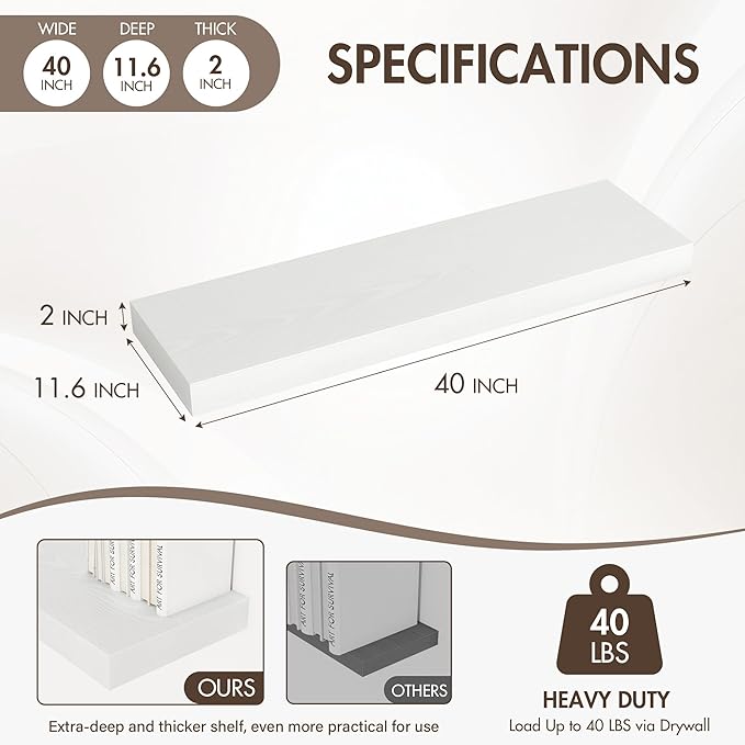 40 Inch Floating Shelves, 12" Deep Floating Shelf Wall Mounted, 40" Wall Shelves, Rustic Deep Bookshelf, Extra Deeper & Thicker Display Shelves for Bedroom, Living Room, White, Set of 2