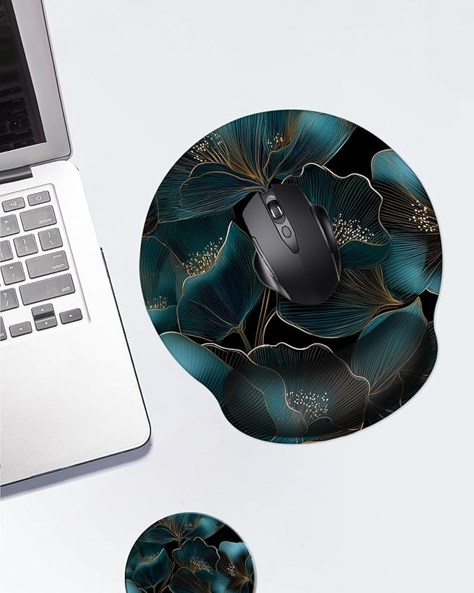 Mouse Pad with Wrist Support, Ergonomic Mouse Pad with Memory Foam Wrist Rest Cushion, Non-Slip Rubber Base Gaming Mice Pad for Home Office Computer Laptop,Gold Green Plants