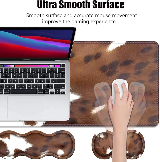 4 in 1 Ergonomic Memory Foam Mouse Pad Wrist Rest Set, Large XXL Gaming Desk Pad + Keyboard Wrist Rest + Mouse Wrist Cushion + Coaster for Home Office Study Gaming, Brown Cow Print