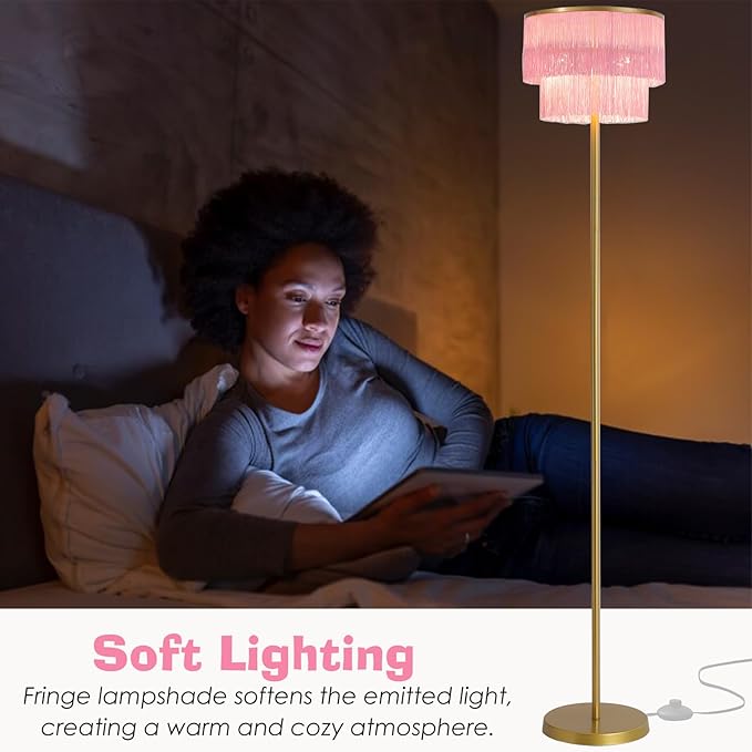 2 Light Gold & Pink Boho Floor Lamp with 2-Tier Tassels/Fringe Lampshade,66" Tall Mid Century Standing Bedroom Lamp,Soft Lighting Nursery Floor Lamp for Bedroom Livingroom