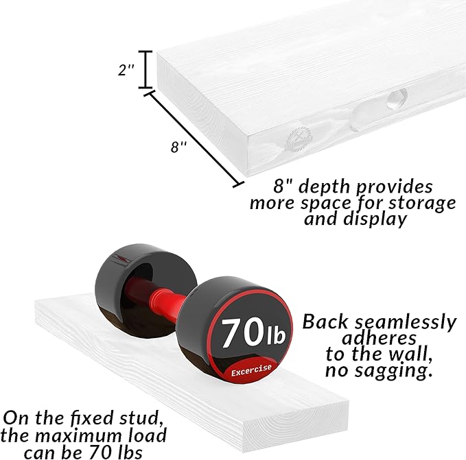 Rustic Floating Shelves 60 inch Long 8 "deep Set of 2, Heavy Duty Wood Wall Mounted Shelves for Bathroom Living Room Kitchen,Book Shelves with Thickened Hidden Bracket-White