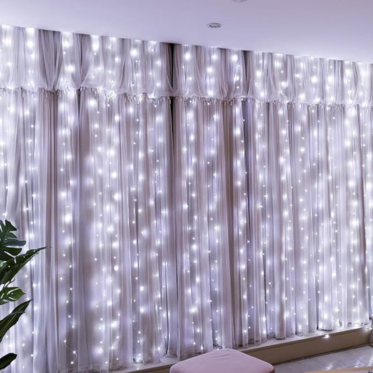 HXWEIYE 300LED Fairy Curtain Light (Upgrade Two Kinds of Light Clips) with Remote 8 Modes Times，9.8x9.8Ft White USB Plug-in Christmas Hanging String Light for Bedroom, Parties, Walls, Windows