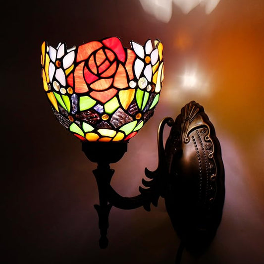 Tiffany Wall Sconce Lamp Blue Stained Glass Flower Style 6X10.5X11 Inch Plug in Wall Bedside Light for Hallway Bedroom (Red Rose Style)