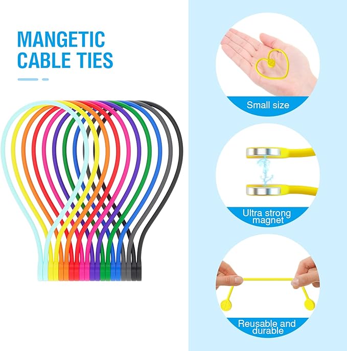 Magnetic Cable Ties Silicone 9 Inch Reusable Magnetic Twist Ties for Cord Cable Organizer and Bundling, Can Be Use in Home Office School Outdoor (10 Colors-20 Pack)