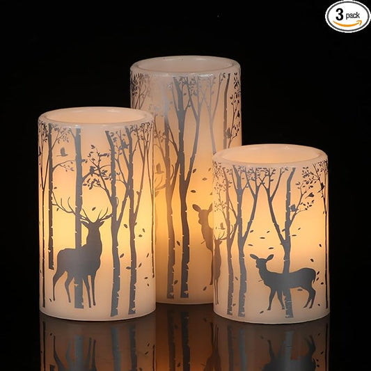 DRomance Silver Deer Flameless Flickering Candles Battery Operated with 6H Timer, 3 Pack Real Wax Warm Light LED Pillar Candles Dinner Tabletop Holiday Centerpiece Decor 3" x 6"