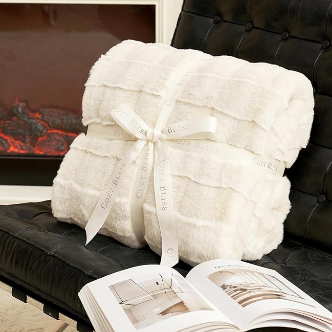 Cozy Bliss Fluffy Faux Fur Throw Blanket for Couch,Warm Cozy Soft Cream White Throw Blankets for Sofa Bed Living Room,60x80 Inches