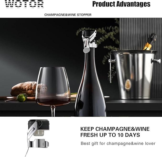 WOTOR Champagne&Wine Bottle Stoppers Stainless Steel with Food Grade Silicone, Leak Proof Keep Fresh Reusable Saver, Cork Suitable for Wine, Champagne, Cava, Prosecco and Sparkling (6 Pack Silver）