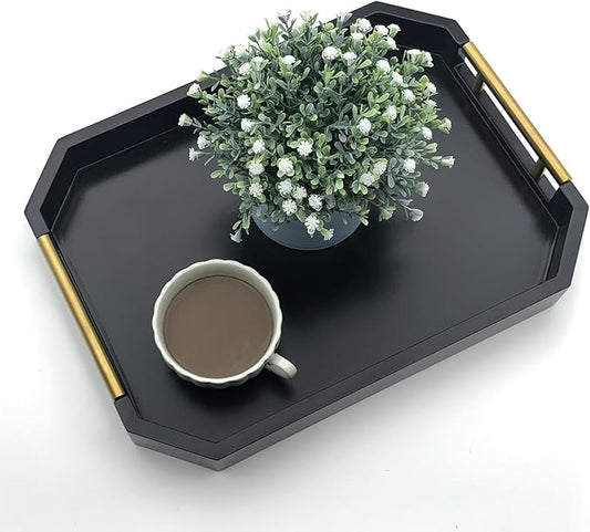 Serving Tray with Polished Metal Handles, Hexagon Coffee Table Tray, Modern Rectangle Decorative Tray, Large Ottoman Tray, Perfect for Storage and Display (Black Rectangle)