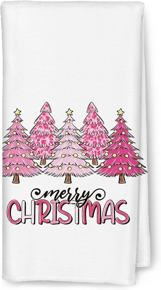 Pink Christmas Tree Hand Towels for Bathroom Decor, Christmas Tree Kitchen Towels Dish Towels for Kitchen, 16x24 Inch