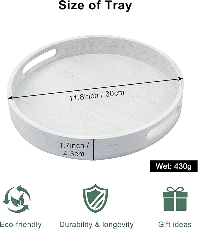 Round Decorative Tray,Wooden Serving Tray with Handles, 11.8in White Decorative Trays for Coffee Table,Kitchen Counter,bandejas decorativas