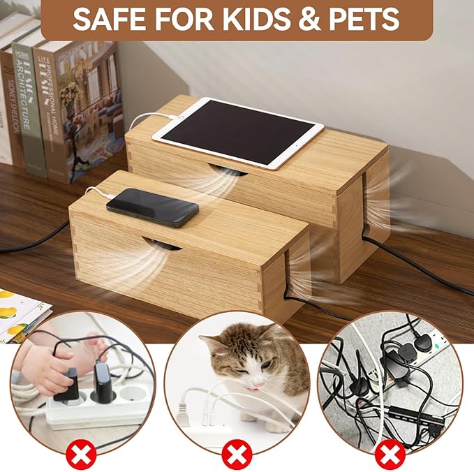 KIRIGEN Cable Management Box Wooden Cord Organizer Hide Power Strip Desk Wires Protector for Home Office TV Computer (DXH2T-NA)