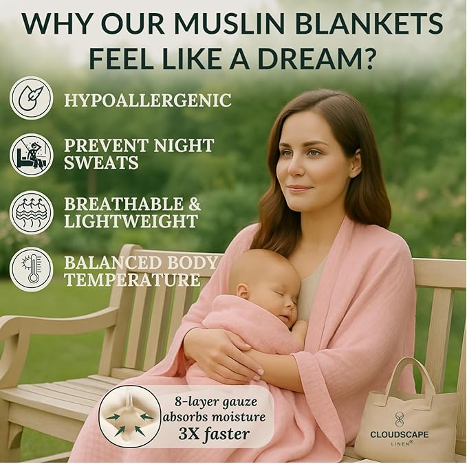 Cloud Scape Linen Extra Large 8-Layer Muslin Throw Blanket, 100% Cotton Gauze Blanket for Couch, Sofa, Bed, Lightweight, Suitable for All Season,50x70, Seashell Pink