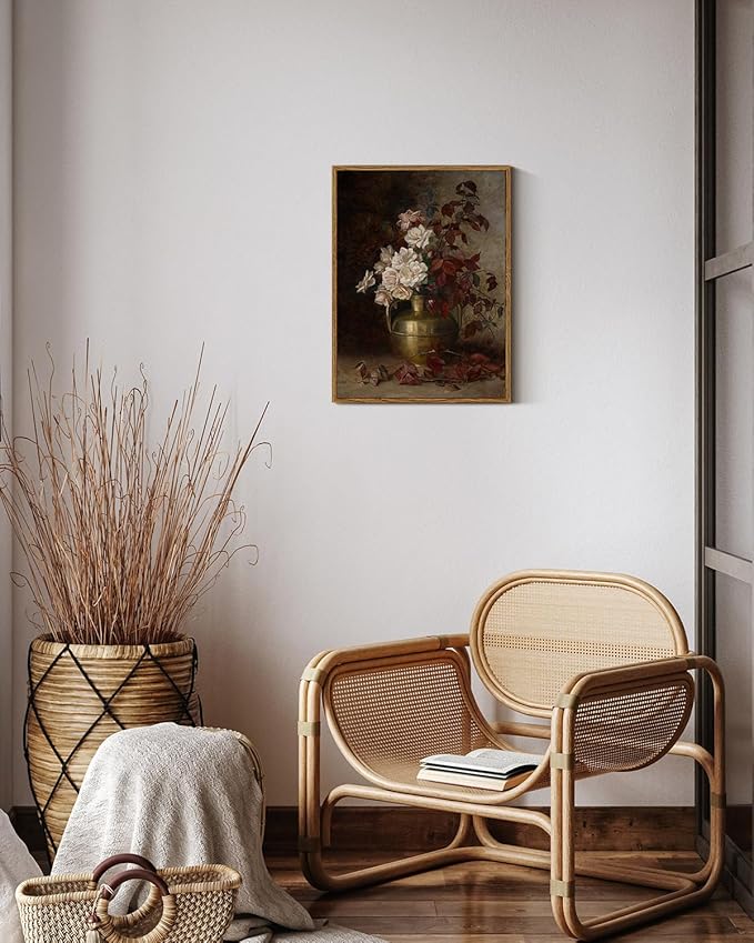 VIYYIEA Floral Framed Wall Art, Rose Bouquet Flower Vintage Art Decor Room Aesthetic, 12x16 Inch Canvas Print Artwork, Farmhouse Still Life Painting Wall Decor for Bedroom Bathroom Office