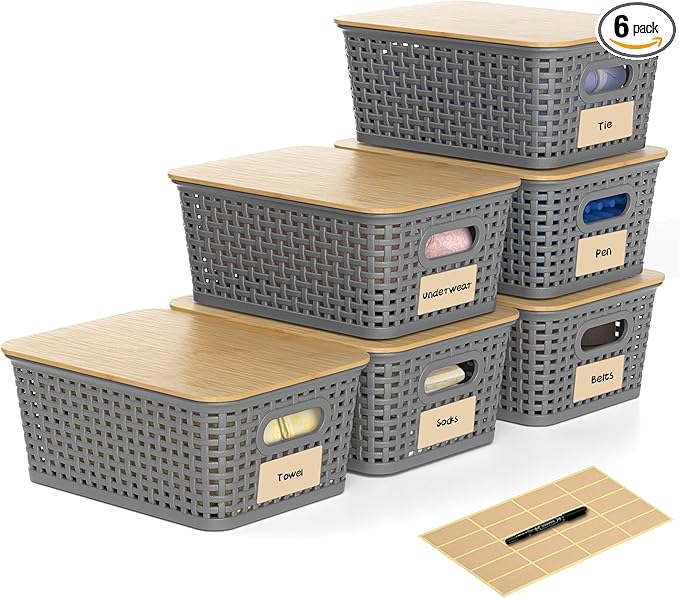 6 Pieces Gray Plastic Storage Baskets with Bamboo Lids with Labels Stackable Storage Containers for Organizing Shelves Drawers Desktop Closets Playroom Classroom Office