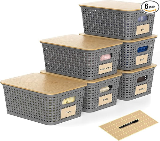 6 Pieces Gray Plastic Storage Baskets with Bamboo Lids with Labels Stackable Storage Containers for Organizing Shelves Drawers Desktop Closets Playroom Classroom Office