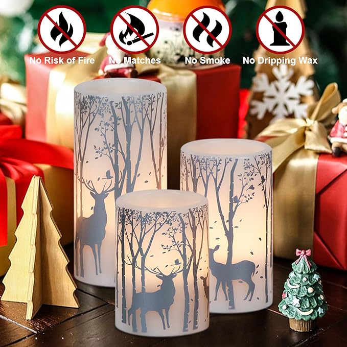 DRomance Silver Deer Flameless Flickering Candles Battery Operated with 6H Timer, 3 Pack Real Wax Warm Light LED Pillar Candles Dinner Tabletop Holiday Centerpiece Decor 3" x 6"