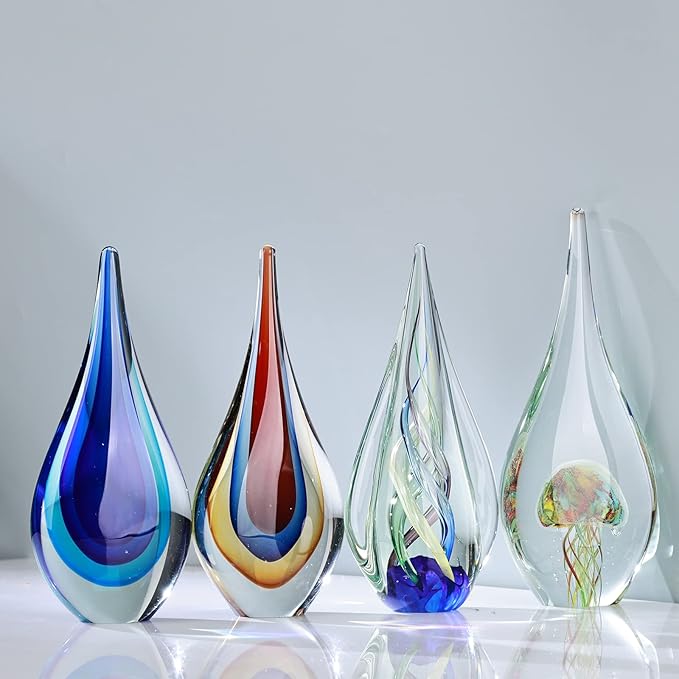 9" Tall Sculpture Hand Blown Glass Decor, Paperweight for Office Desk, Modern Glass Art Figurines Mediterranean Beach House Decor, Living Room Coffee Shelves Table Top Decoration (Blue)