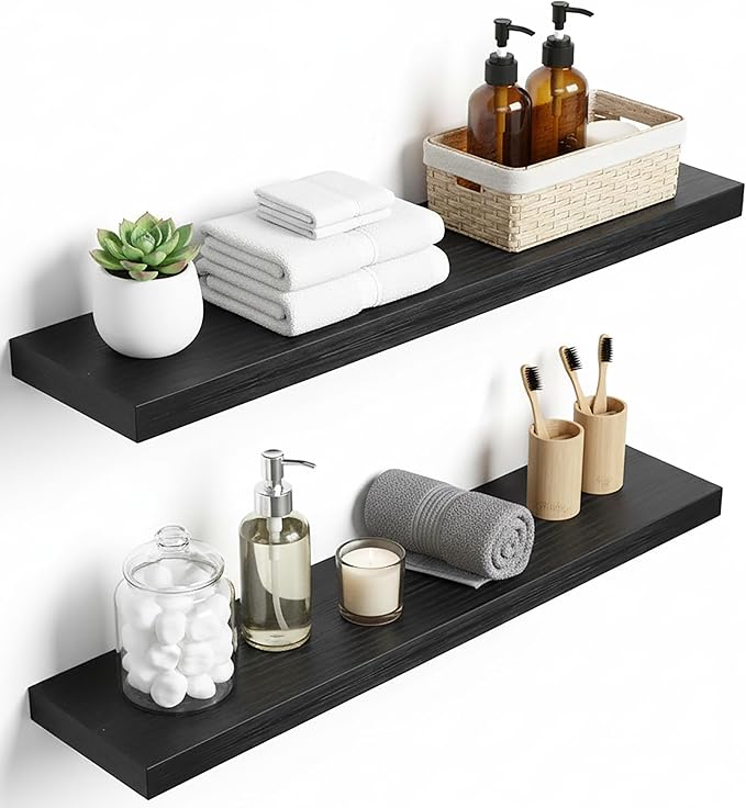 Lufia Floating Wall Shelves, Set of 2, MDF with Invisible Brackets, Modern Storage for Bedroom, Bathroom, Living Room, Kitchen (Black, 28" W X 7" D X 1.5" H)