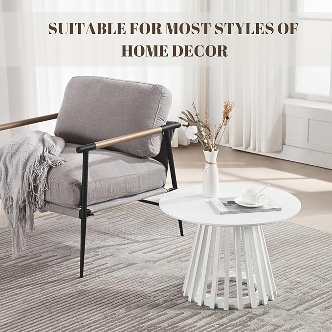 HEAH-YO Round Coffee Table, Circle End Table with Pedestal Base, 24 Inch Modern Side Table for Living Room Home Office, White