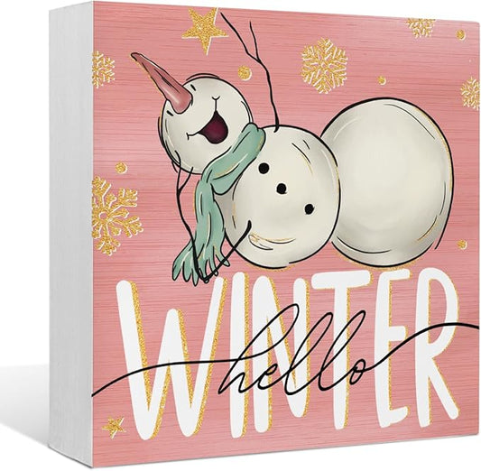 EIONEY Pink Snowman Christmas Decorations Wood Box Sign,Snowflake Hello Winter Wooden Block Signs Desk Accessories Decor,Seasonal Winter Holiday Decor for Home Farmhouse Bedroom Office,5x5 Inch