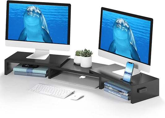 BONTEC Dual Monitor Stand for Desk, Adjustable Length and Angle Monitor Stand Riser with Smartphone Holder, Desk Shelf for Top of Desk, Computer Monitor Stand with Storage, Office Desk Organizer, Black